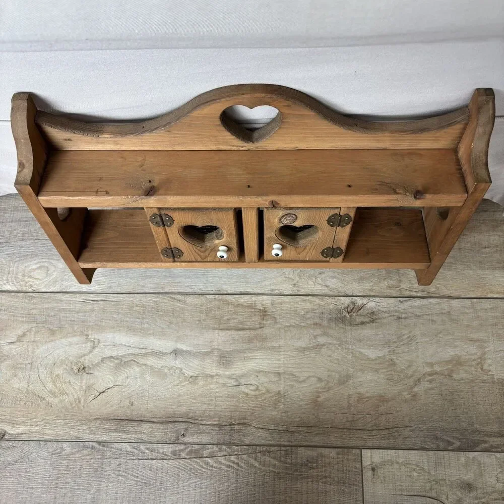 Vtg Wood Heart Door Wall Knick Knack Curio Trinket Shelf Knobs Cottage Farmhouse